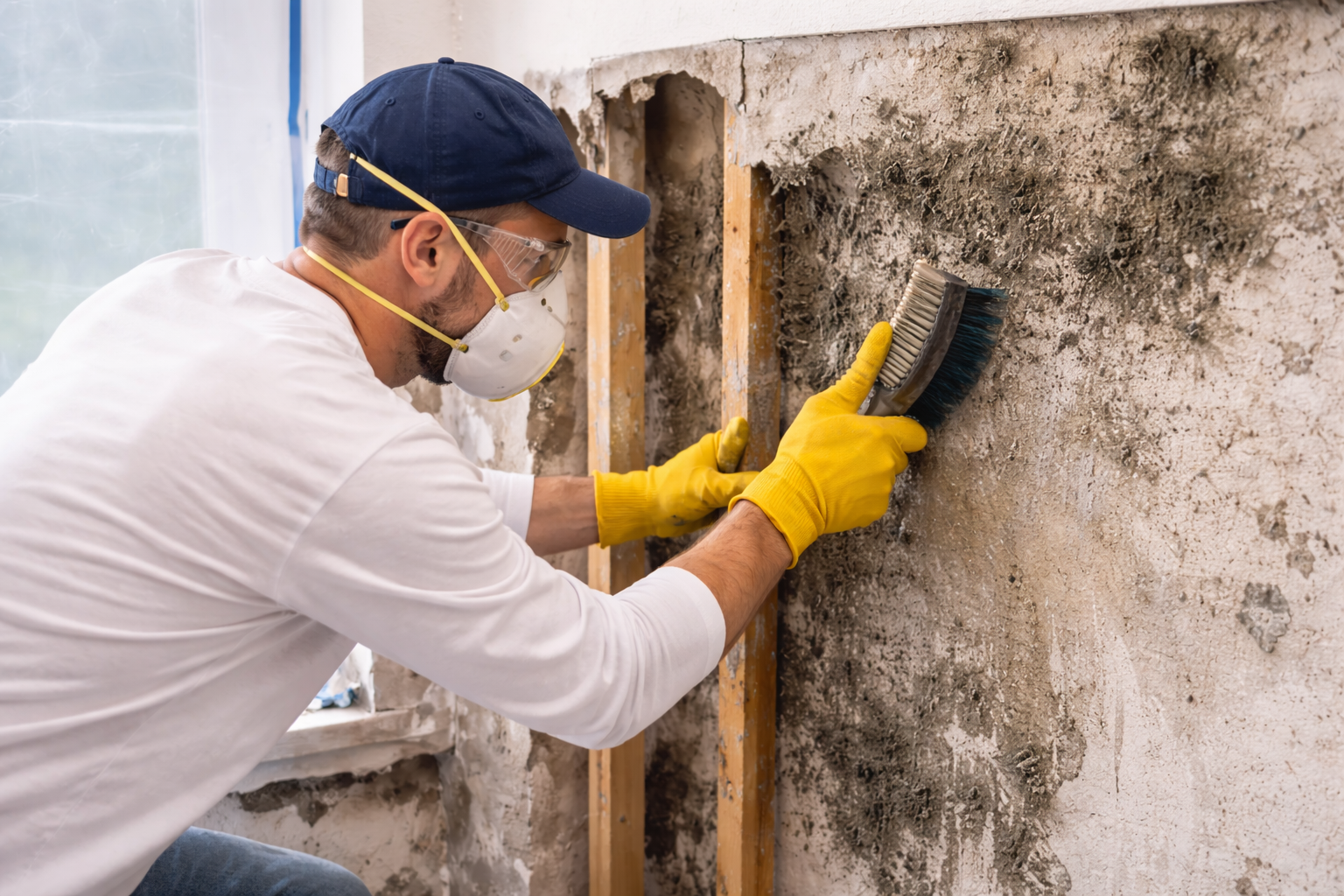 person removing mold from building