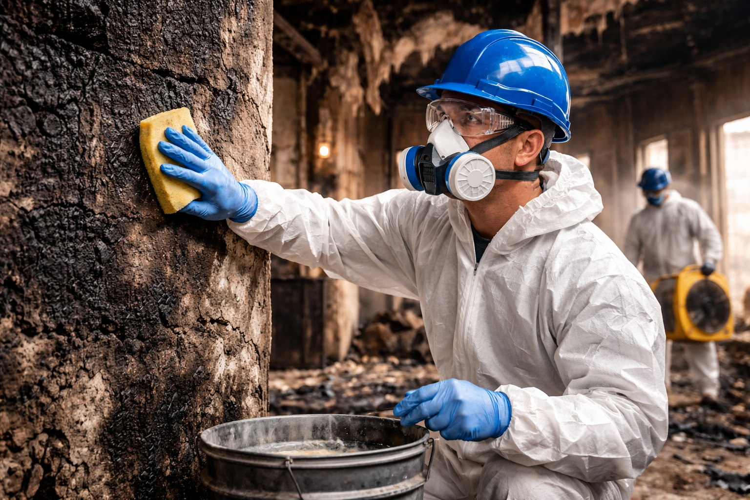 man cleaning up house after fire damage