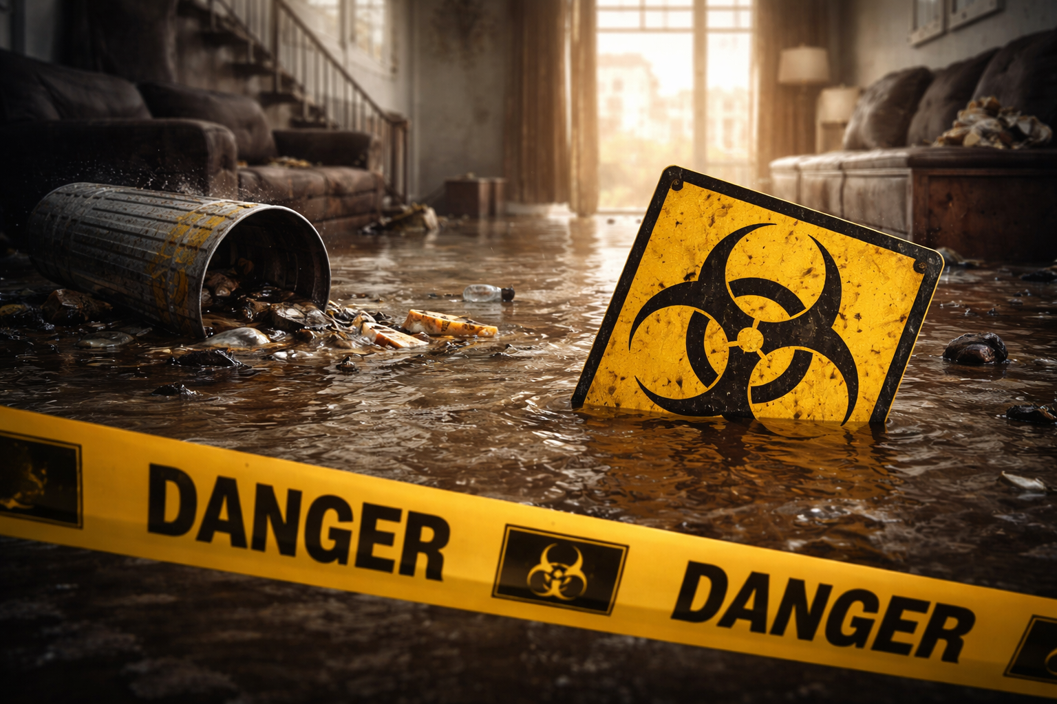 Flooded home with biohazard warning
