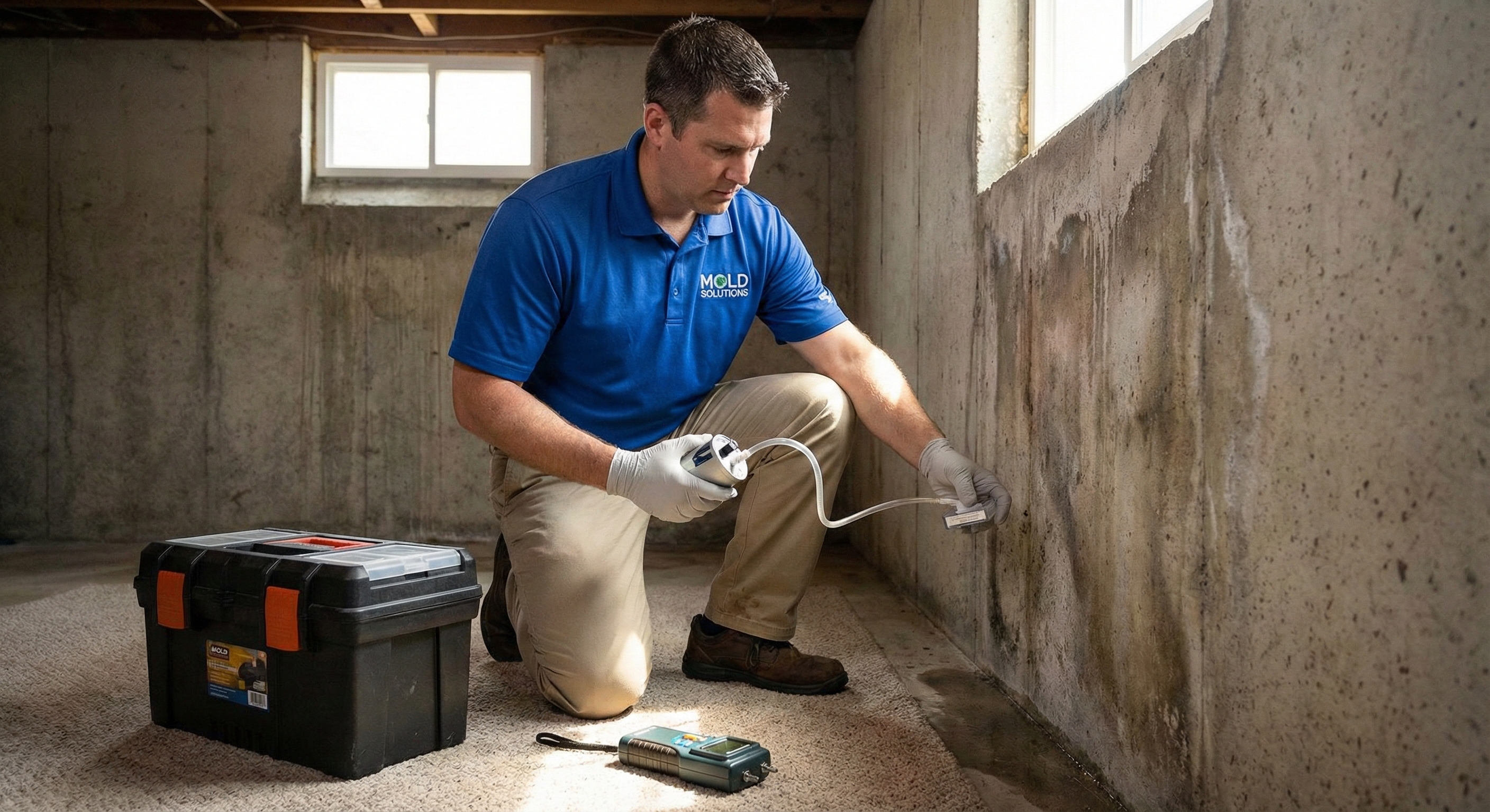 person doing mold testing in a building