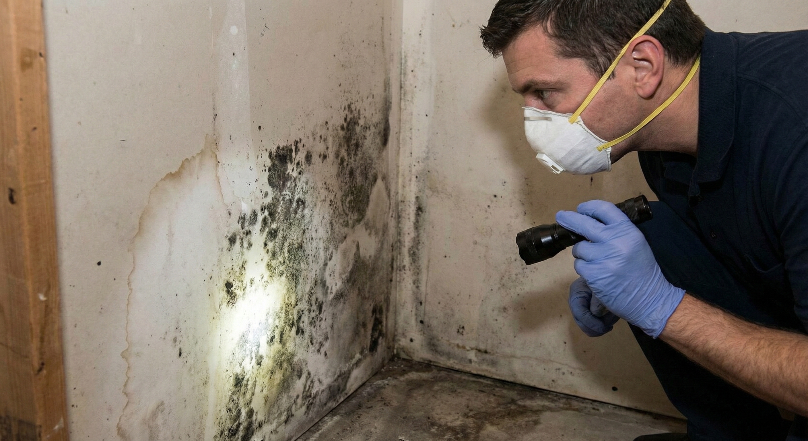 man looking at mold on the wall