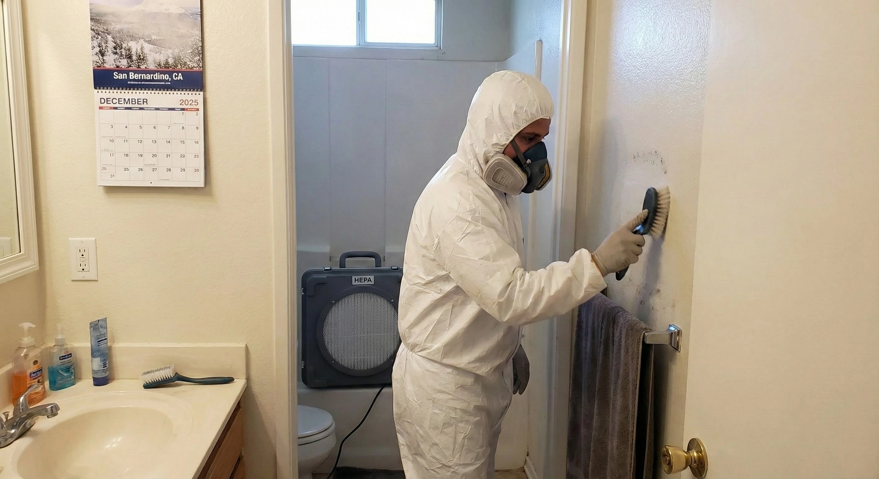 person cleaning mold inside building