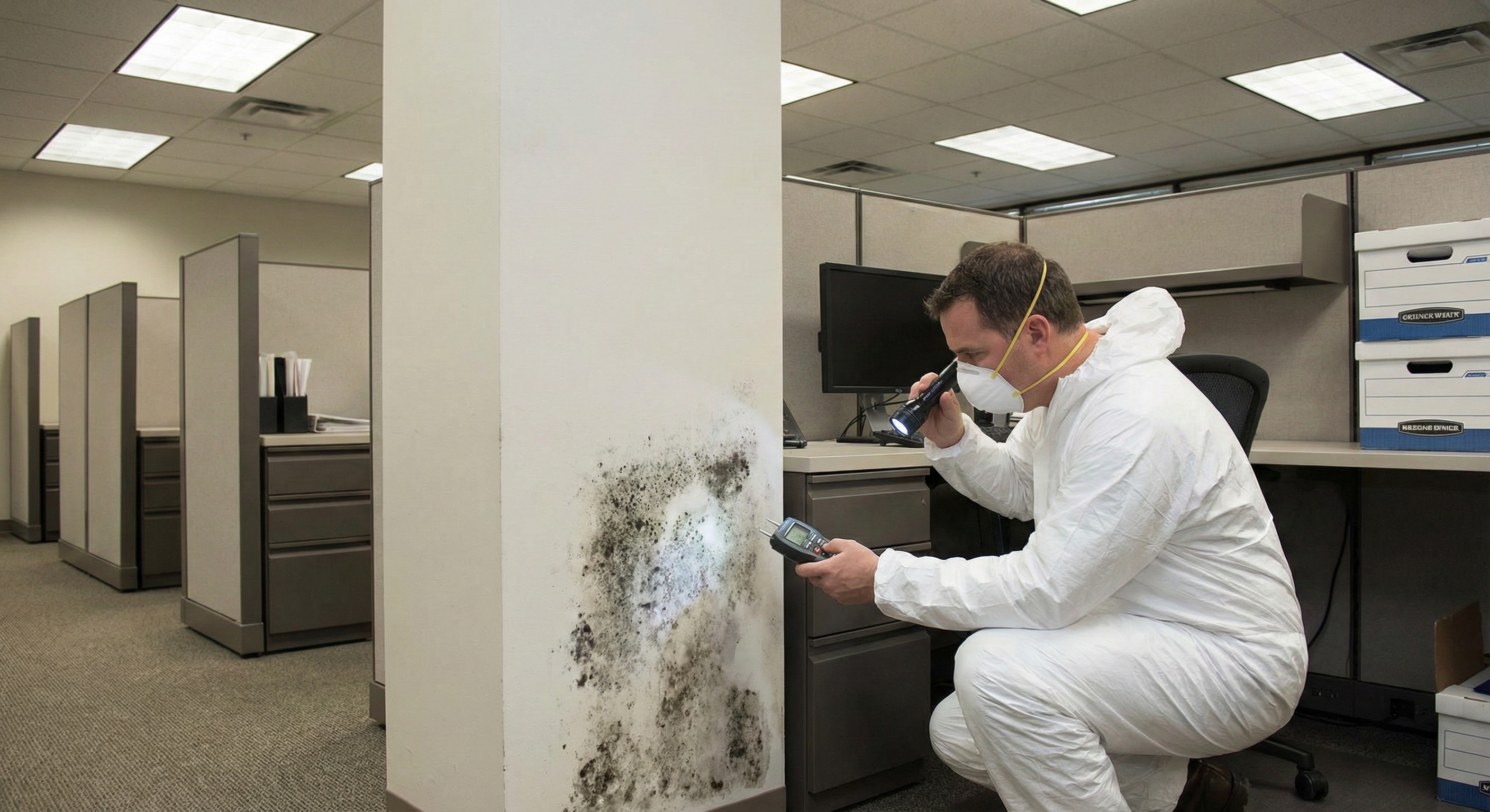 person inspecting mold on wall in office
