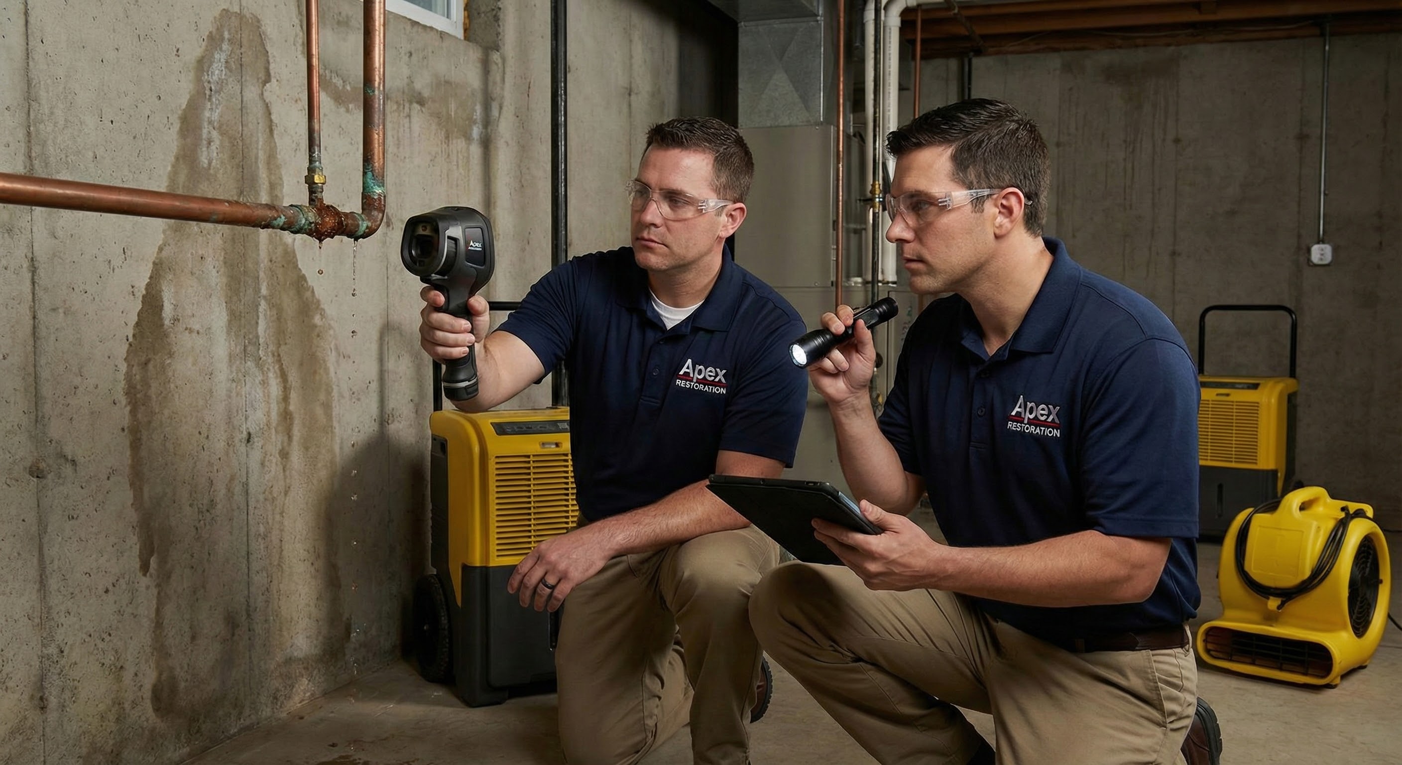 water restoration team inspecting damage