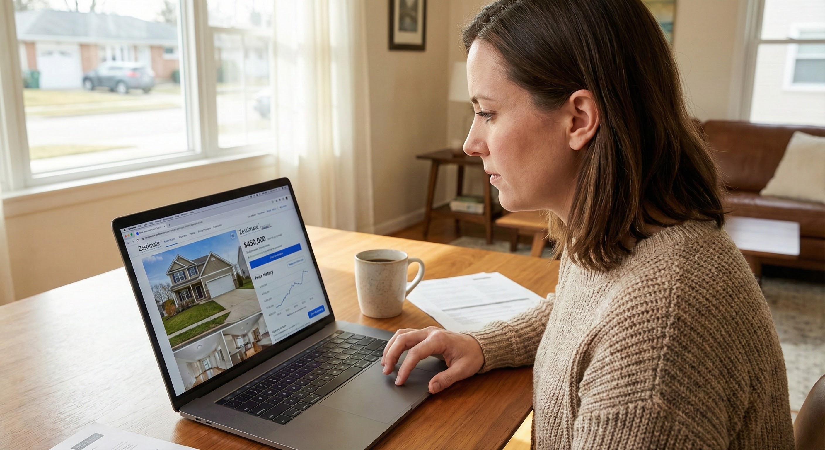 woman checking value of house