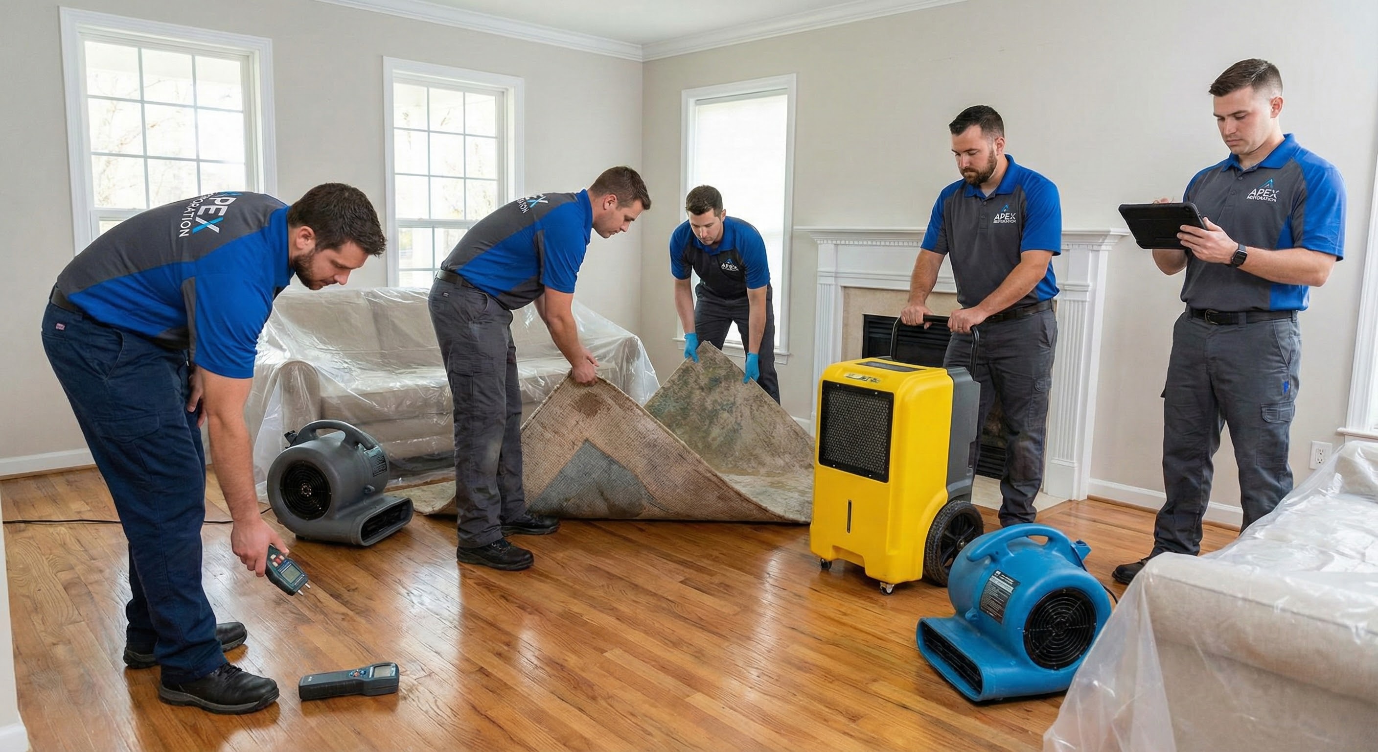 water restoration team drying floor in house