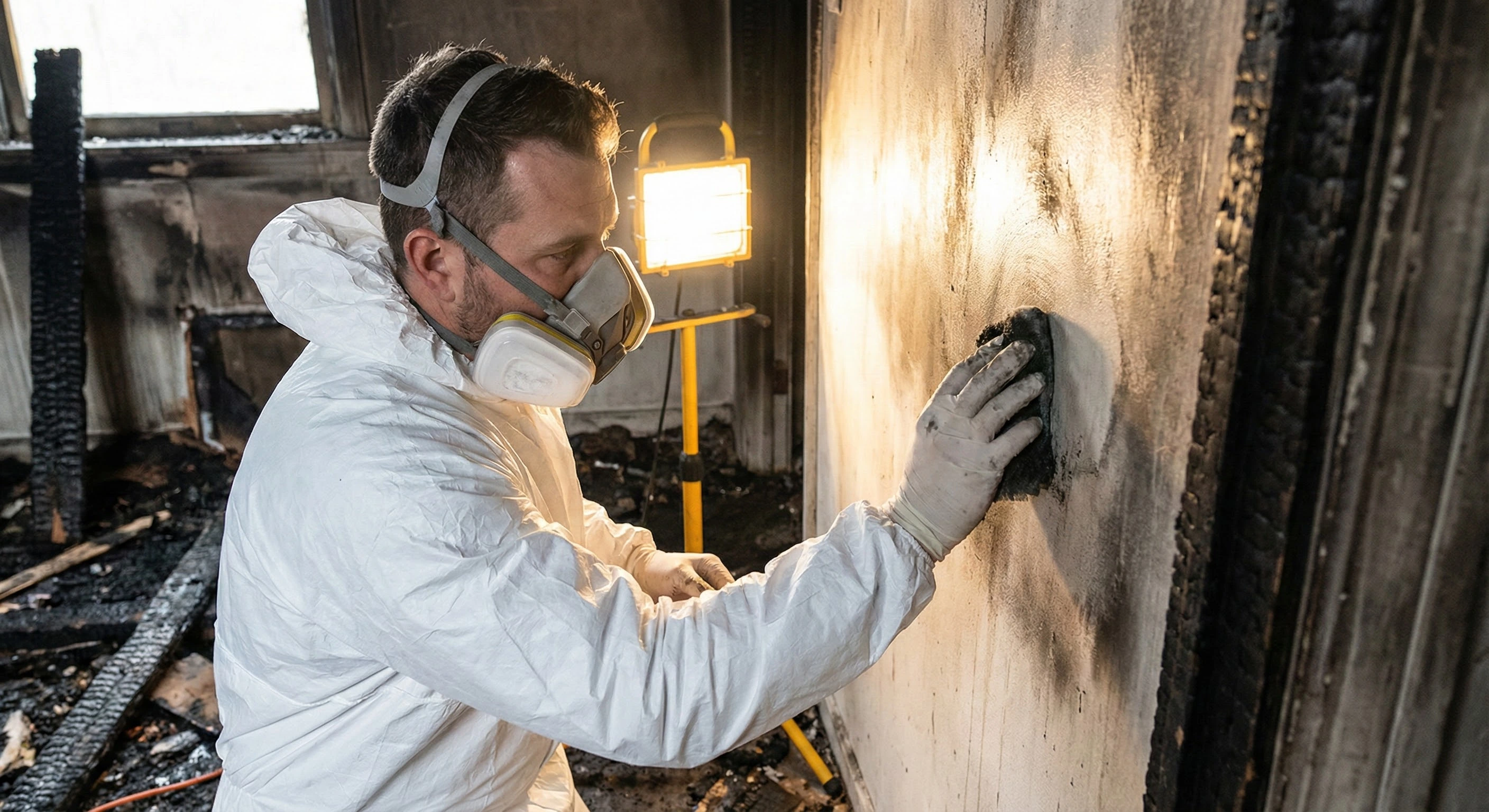 man cleaning up fire damage