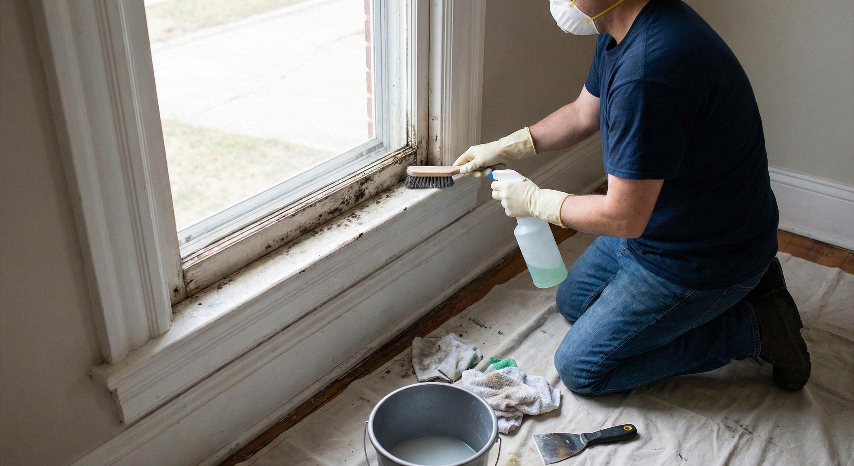 person fixing mold around window