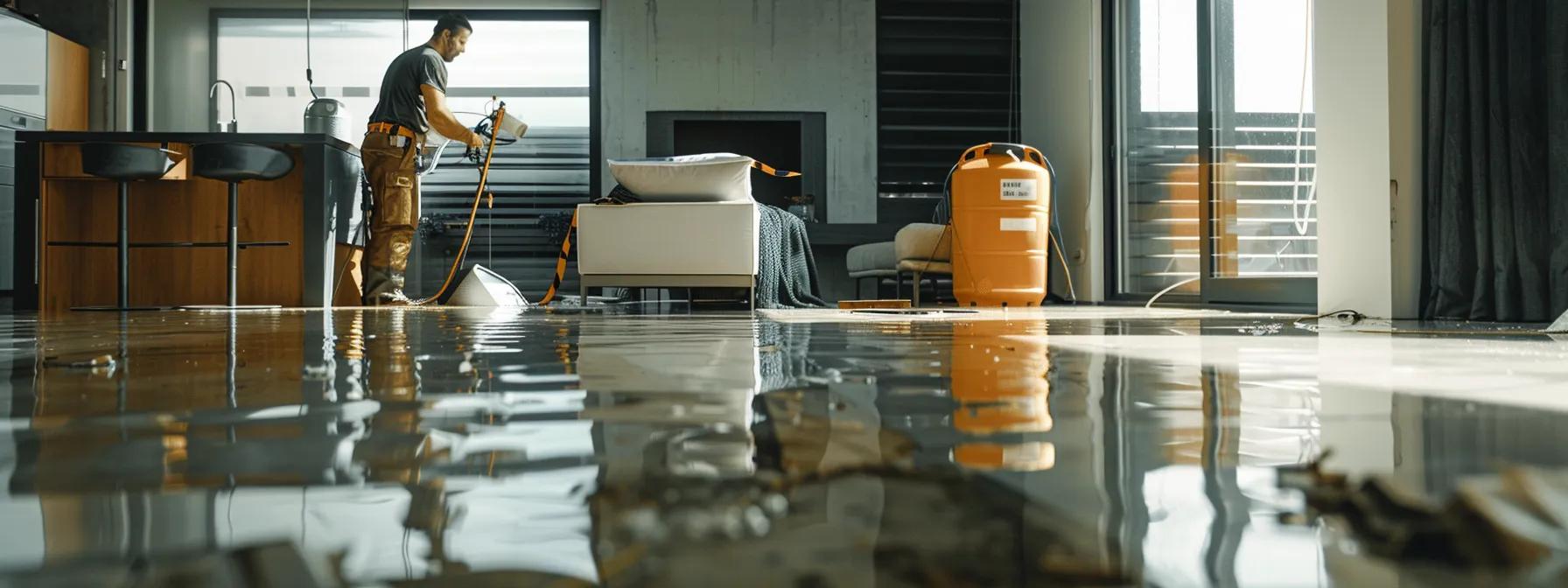 a clean, high-resolution image captures a professional restoration technician operating industrial drying equipment in a modern flooded home, surrounded by visible water damage on floors and walls, evoking a reassuring atmosphere of prompt action against musty odors indicating mold growth.