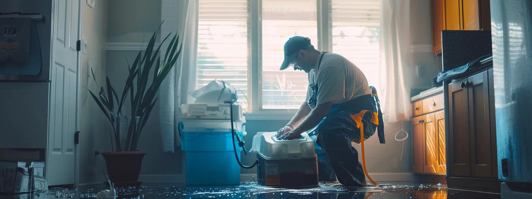 a focused and professional water damage restoration technician operates advanced industrial drying equipment in a modern home, showcasing visible signs of water damage on walls and floors, illuminated by soft natural light filtering through a window, creating a reassuring atmosphere of expertise and care.