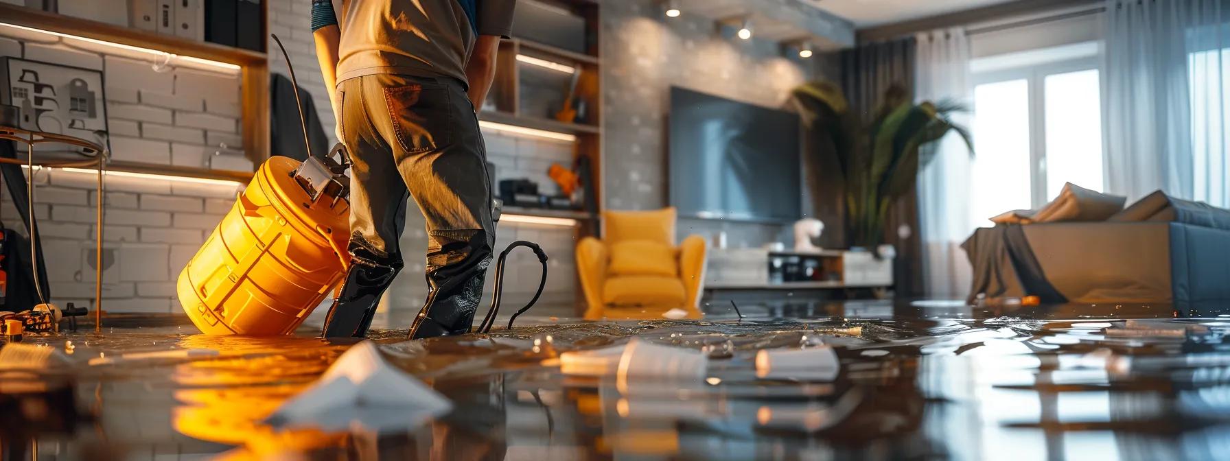 a focused, high-resolution image of a professional water damage restoration technician methodically operating industrial drying equipment in a modern, flooded home, showcasing clear signs of damage on the floors and walls, all under soft yet ample indoor lighting to create a reassuring atmosphere.