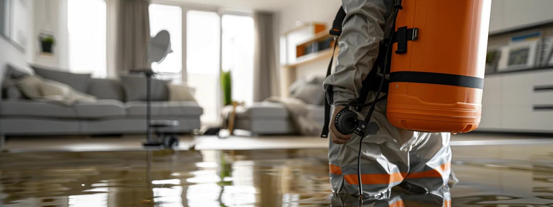 a focused, high-resolution image of a professional water damage restoration technician operating advanced industrial drying equipment in a modern home with visible signs of flooding, highlighting the urgency and effectiveness of response measures in a clean, reassuring setting.
