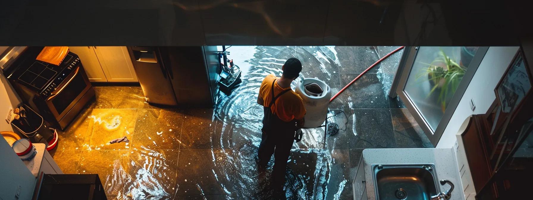 a focused image of a professional water damage restoration technician operating industrial drying equipment in a modern home, showcasing visible signs of water damage on the floors and walls under soft, diffused indoor lighting, creating an atmosphere of expertise and reassurance.