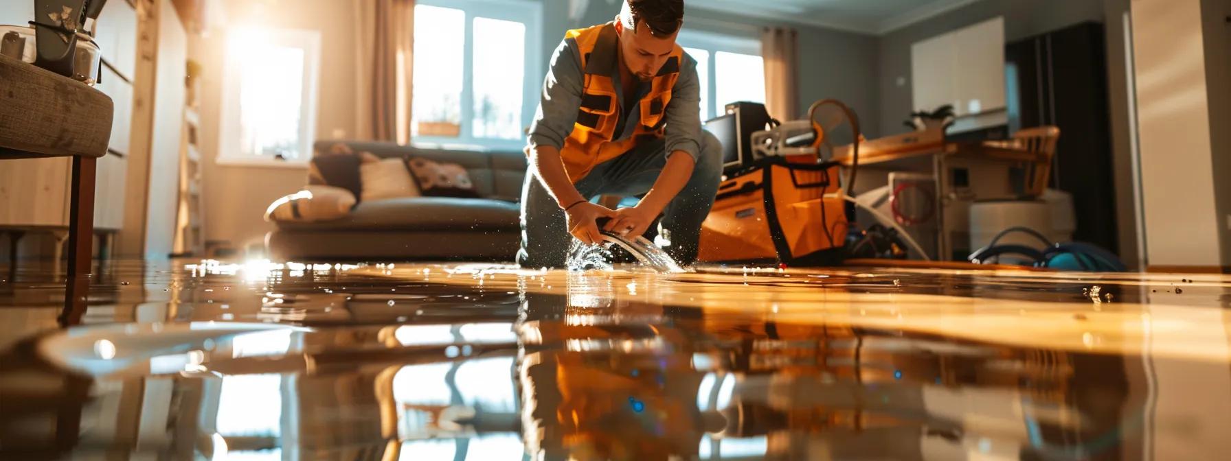 a focused scene captures a professional water damage restoration technician operating advanced industrial drying equipment in a modern flooded home, showcasing the visible signs of water damage on the floors and walls, with a soft, reassuring ambiance created by gentle indoor lighting.