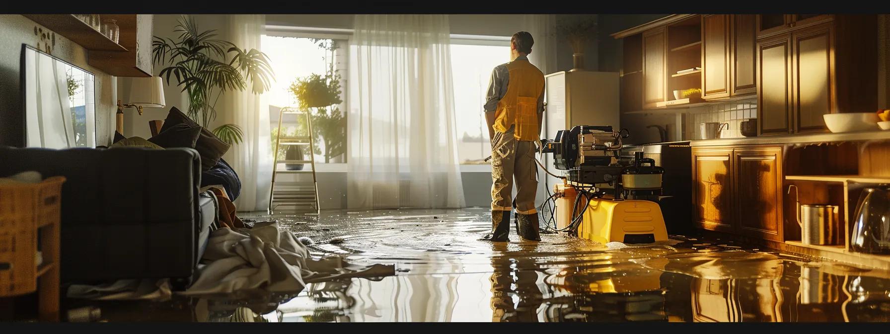 a focused scene captures a water damage restoration technician operating industrial drying equipment in a modern, flooded home, with evident water damage on the walls and floors, illuminated by soft natural light filtering through a window, conveying a sense of professionalism and reassurance.
