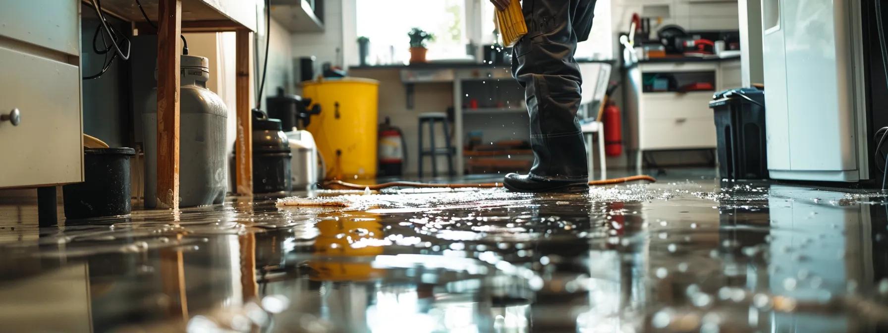 a focused scene captures a professional water damage restoration technician meticulously operating industrial drying equipment in a modern home, showcasing visible signs of water damage on the floors and walls, all under soft, reassuring interior lighting that evokes a sense of safety and thorough care.