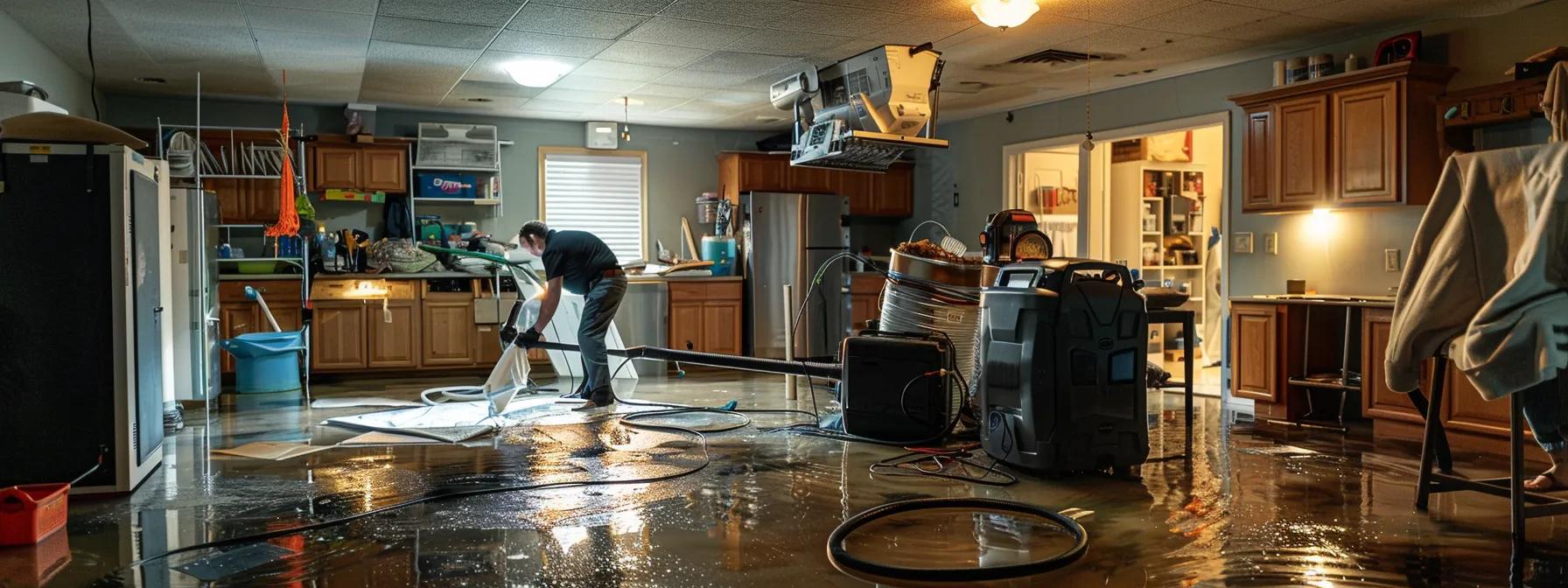 a focused scene captures a professional water damage restoration technician operating industrial drying equipment in a modern, flooded home, highlighting visible water damage on floors and walls under soft lighting, evoking a sense of urgency for prompt restoration.
