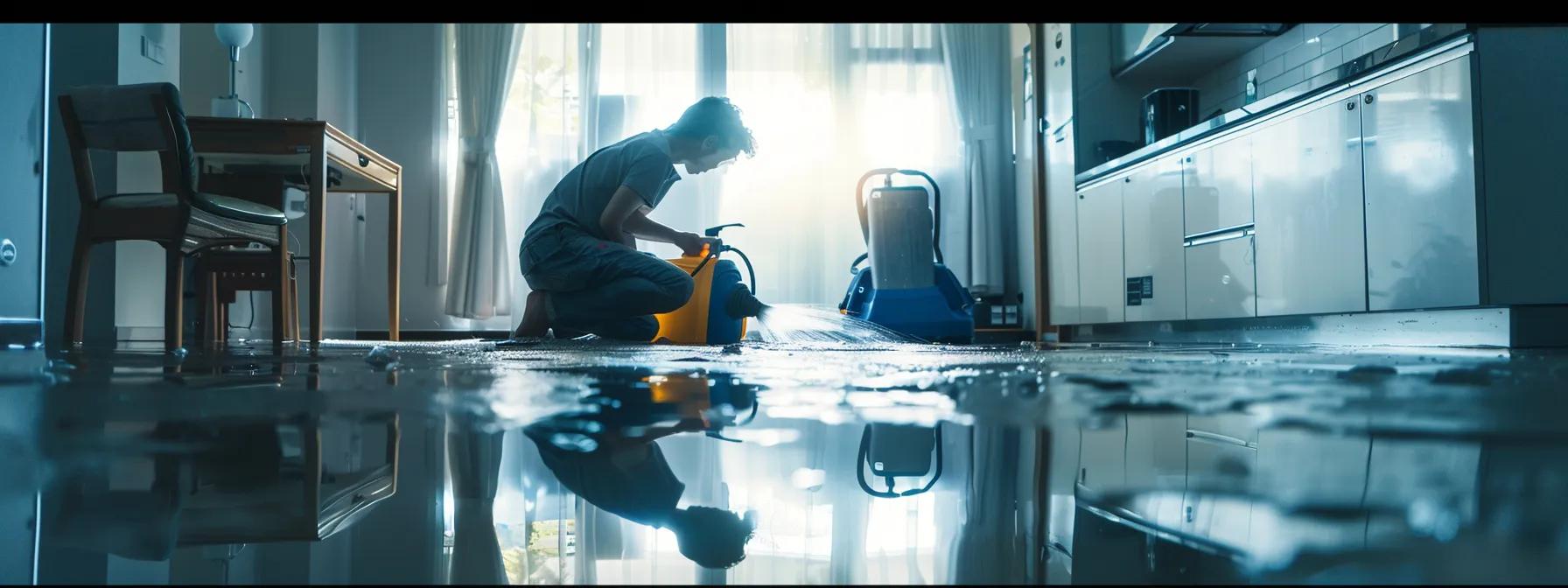 a focused scene captures a professional water damage restoration technician operating industrial drying equipment in a modern home with visible water-damaged walls and floors, bathed in soft natural light that creates a reassuring atmosphere, emphasizing the importance of proactive maintenance and effective emergency planning.