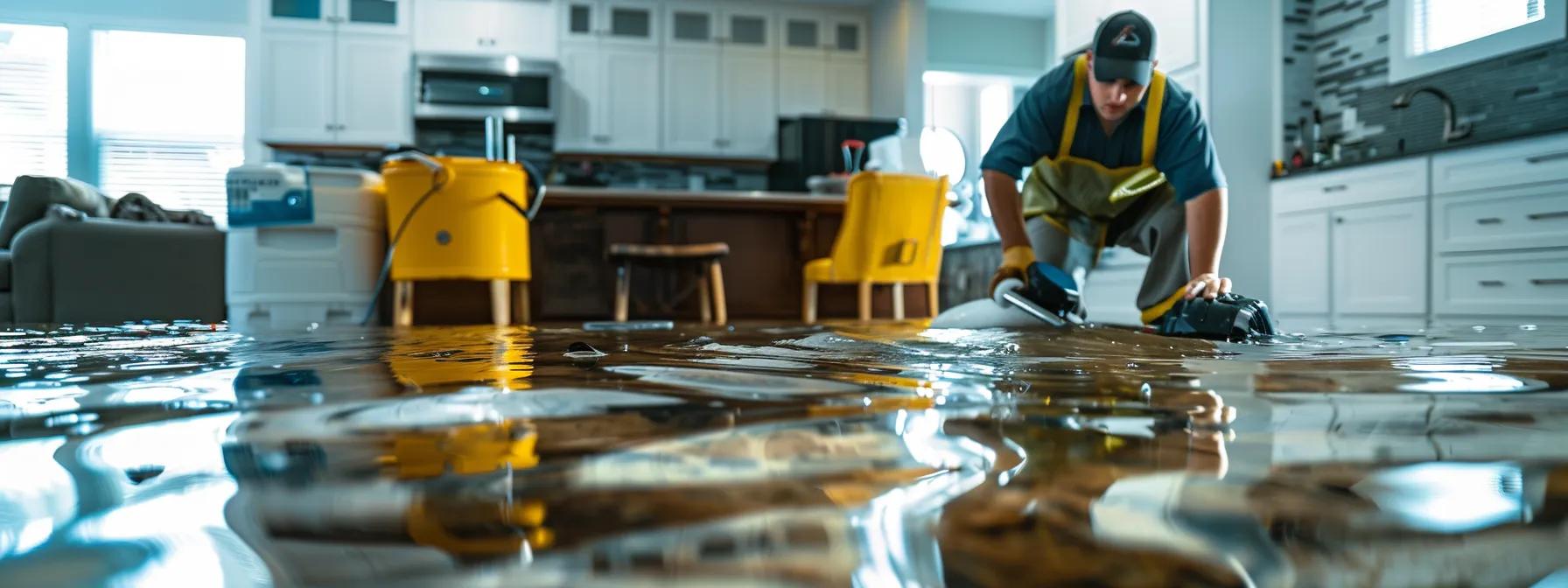 a focused scene captures a professional water damage restoration technician operating advanced drying equipment in a modern, flooded home, with clear signs of water damage on the walls and floors that evoke the urgency and importance of proper restoration techniques.