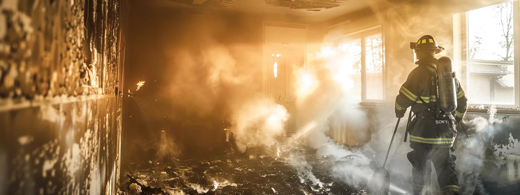 a focused scene inside a modern home showcases a professional fire restoration technician meticulously cleaning smoke-damaged walls, with industrial equipment strategically positioned amidst visible signs of fire damage, under soft artificial lighting that conveys a reassuring atmosphere of safety and expertise.