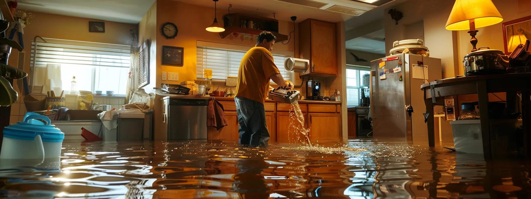 a focused scene inside a modern, flooded home depicts a professional water damage restoration technician operating industrial drying equipment amidst visibly damaged floors and walls, illuminated by soft, warm indoor lighting that conveys a sense of reassurance and expertise.