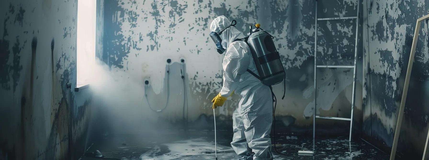 a focused scene of a professional mold remediation technician operating industrial drying equipment in a modern home, visibly marked by water damage on walls and floors, conveying determination and expertise in restoring a safe living environment.