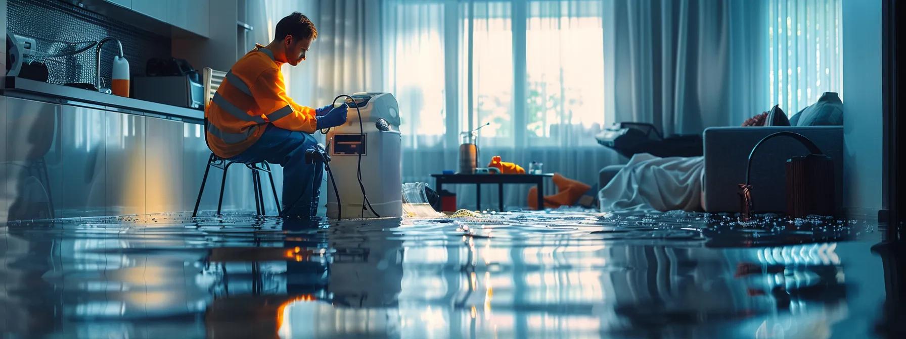 a focused scene of a professional water damage restoration technician meticulously operating industrial drying equipment in a modern, flooded home, showcasing clear signs of water damage on walls and floors, illuminated by soft ambient light streaming through a window, creating a reassuring atmosphere of proactive restoration.