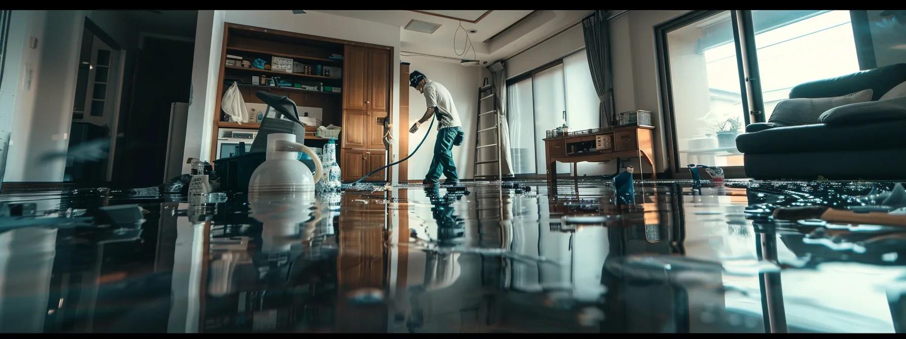 a focused scene of a professional water damage restoration technician operating advanced industrial drying equipment in a modern home, showcasing visible water damage on the floors and walls, all under soft artificial lighting for a reassuring atmosphere.
