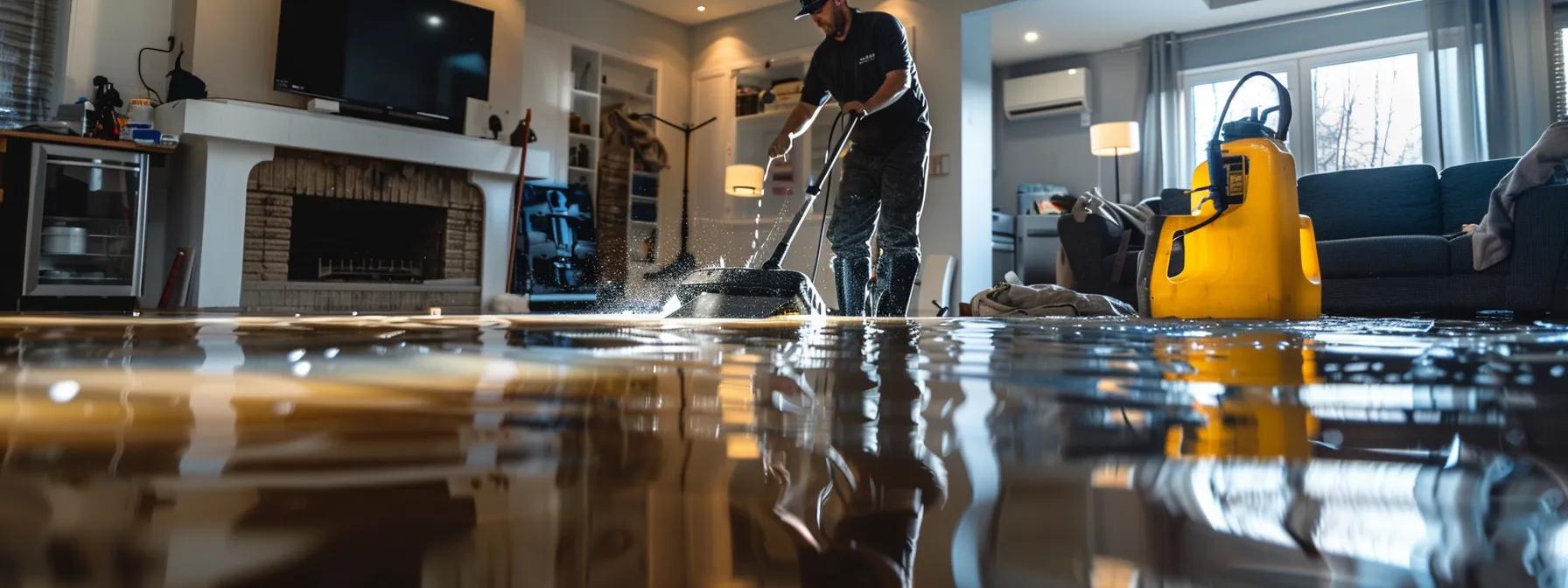 a focused scene of a professional water damage restoration technician operating advanced industrial drying equipment in a modern, flooded home, with visible signs of water damage on the floors and walls, illuminated by soft indoor lighting that creates a reassuring atmosphere.