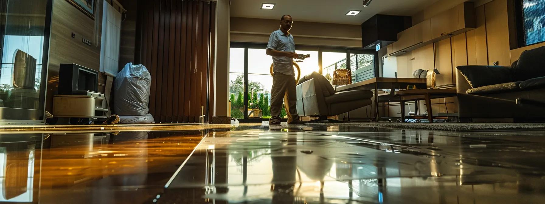 a focused scene of a skilled water damage restoration technician expertly operating industrial drying equipment in the sleek interior of a modern home, showcasing visible water damage on the hardwood floors and walls under soft, ambient indoor lighting, conveying a sense of professionalism and reassurance.