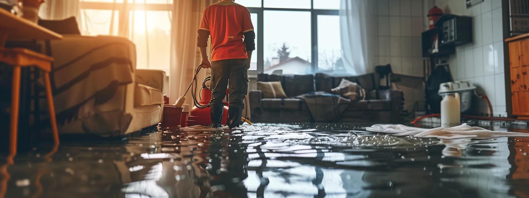 a focused scene showcasing a professional water damage restoration technician operating industrial drying equipment inside a modern, flooded home, highlighting visible signs of water damage on the walls and floors, all bathed in soft, reassuring natural light from a nearby window.