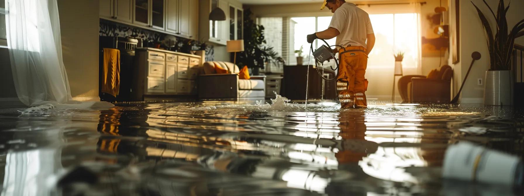 a focused shot captures a professional water damage restoration technician operating industrial drying equipment in a modern, flooded home, showcasing visible water stains and sagging walls in a softly illuminated setting that conveys a sense of urgency and care.