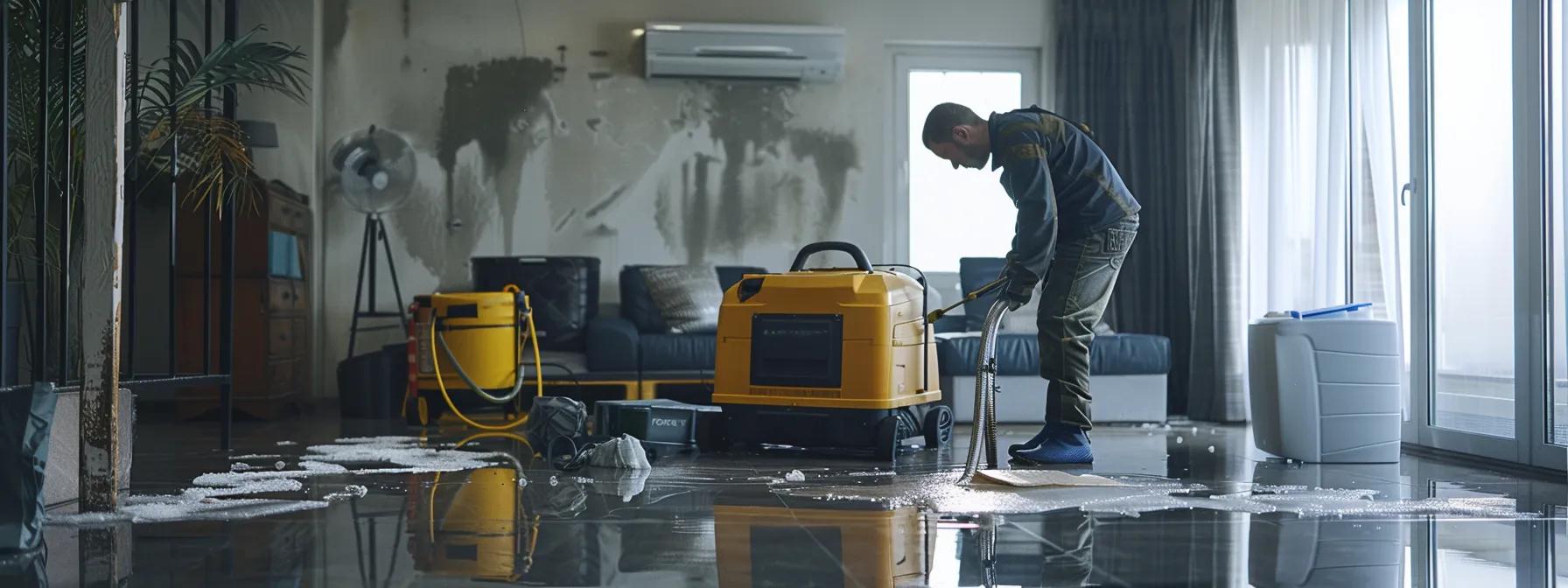 a focused shot of a professional water damage restoration technician operating industrial drying equipment in a modern home with visibly damaged floors and walls, capturing the urgency of mitigating mold growth in a reassuring, well-lit environment.