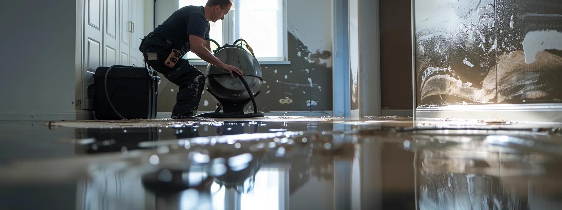 a focused shot of a professional water damage restoration technician operating industrial drying equipment in a modern, recently flooded home, showcasing evident water-stained walls and floors under soft, ambient light from a window, evoking a sense of urgency and expertise in damage recovery.