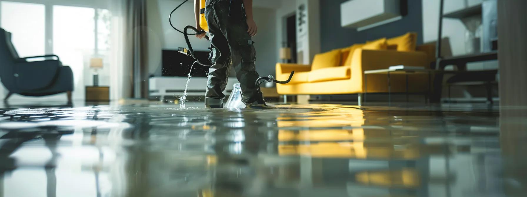 a focused shot of a professional restoration technician using industrial drying equipment in a modern, flooded home, showcasing visible water-damaged walls and floors under soft, ambient indoor lighting, creating a clean, reassuring atmosphere.