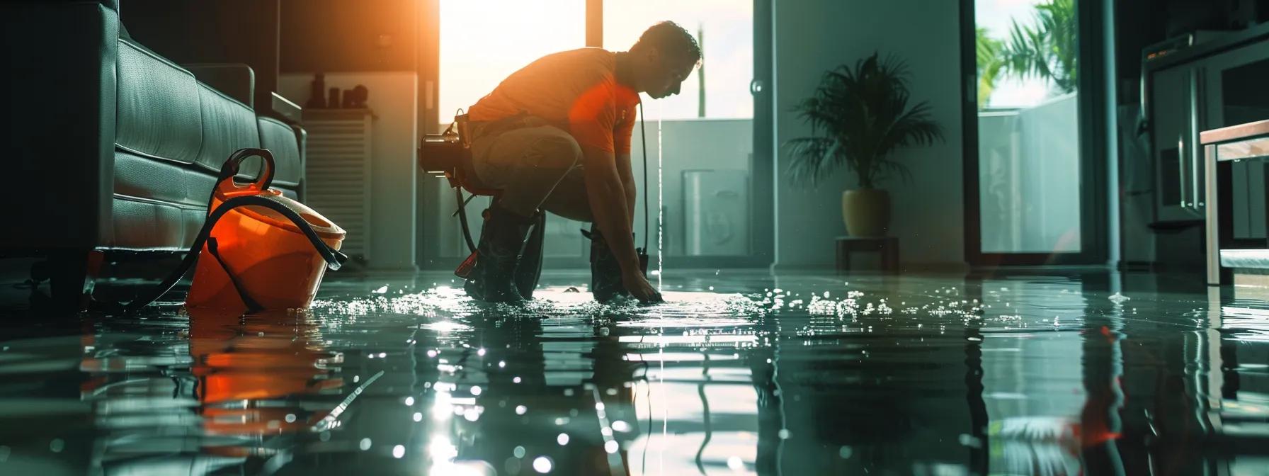 a focused shot of a diligent water damage restoration technician operating industrial drying equipment in a modern home with evident water damage on the floors and walls, illuminated by soft natural light filtering through a nearby window, creating a reassuring atmosphere of expertise and care.