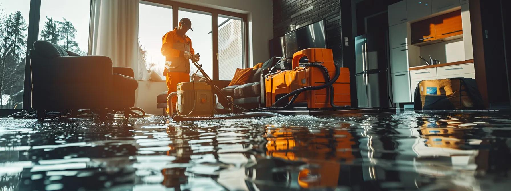 a focused shot of a professional water damage restoration technician operating advanced industrial drying equipment in a modern home with visible water damage on the floors and walls, creating a reassuring atmosphere enhanced by soft natural light streaming through a window.