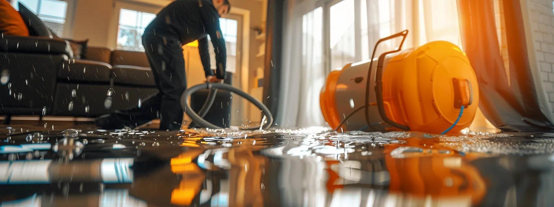 a focused shot of a professional water damage restoration technician operating industrial drying equipment in a contemporary home, surrounded by visible signs of water damage on the walls and floors, under a soft ambient light streaming through a nearby window, conveying a sense of urgency and reassurance.