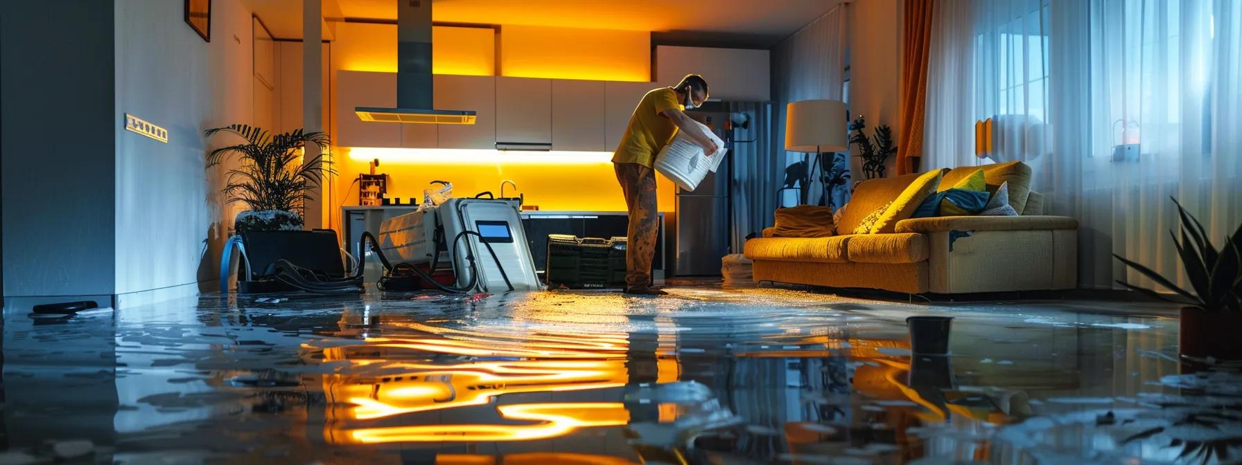 a focused water damage restoration technician operates industrial drying equipment in a modern home's flooded interior, showcasing visible signs of damage on walls and floors, illuminated by soft indoor lighting that conveys a calm, reassuring atmosphere.