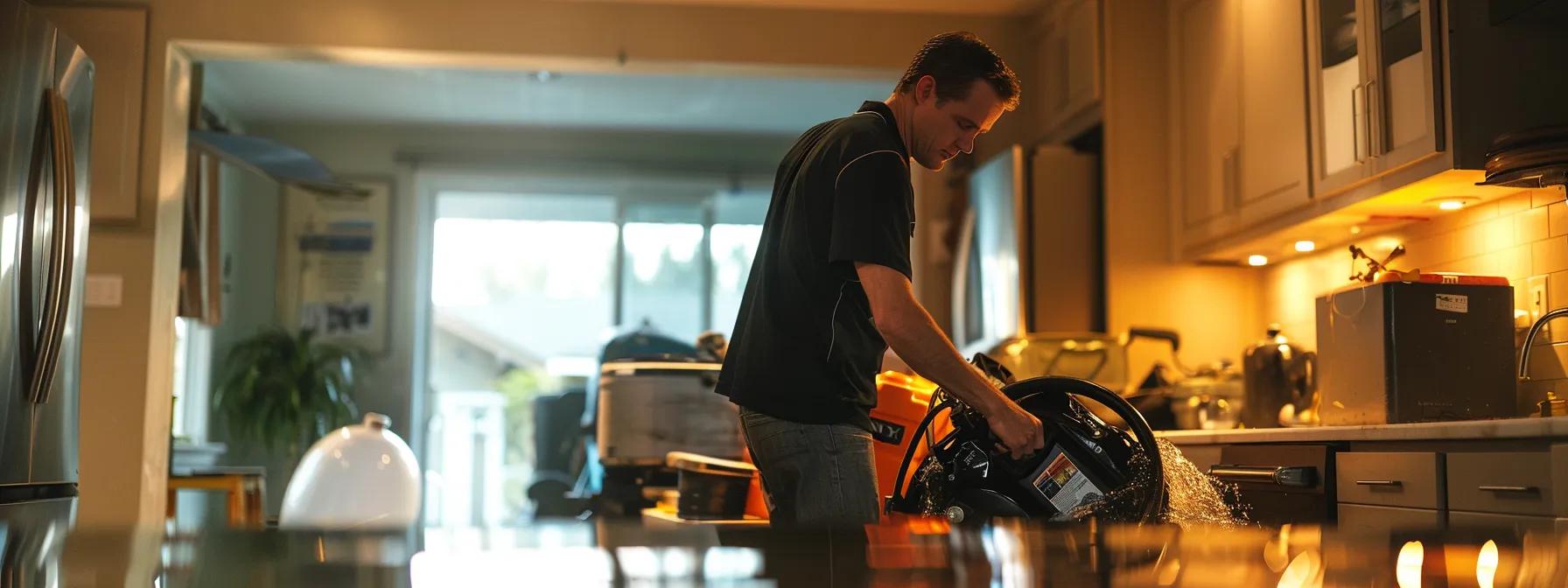 a focused water damage restoration technician operates industrial drying equipment in a modern, flooded home, showcasing visible water damage on the walls and floors in a clean, reassuring environment enhanced by soft indoor lighting.