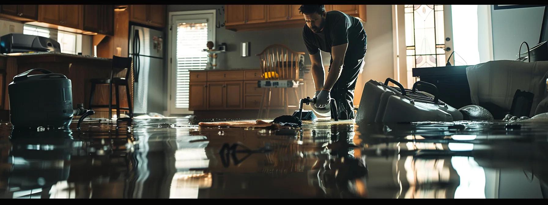 a focused water damage restoration technician works diligently with industrial drying equipment in a modern flooded home, surrounded by visible signs of water damage on the floors and walls, as soft natural light streams in from a nearby window, creating a reassuring atmosphere.