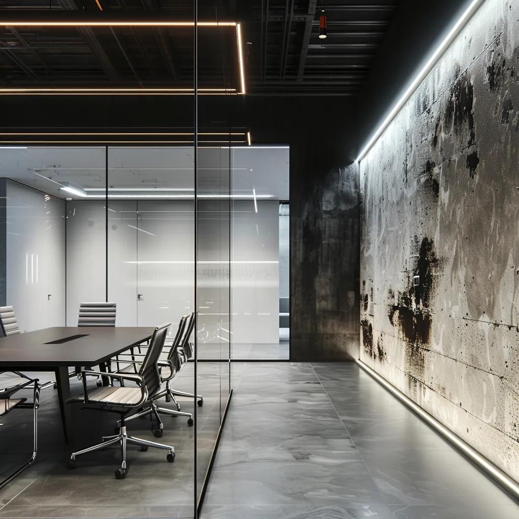 a powerful urban office interior showcases a sleek conference room with stark contrasts, where dark soot stains on pristine white walls serve as a stark reminder of hidden dangers, illuminated by sharp artificial lighting that heightens the urgency of occupational health awareness.
