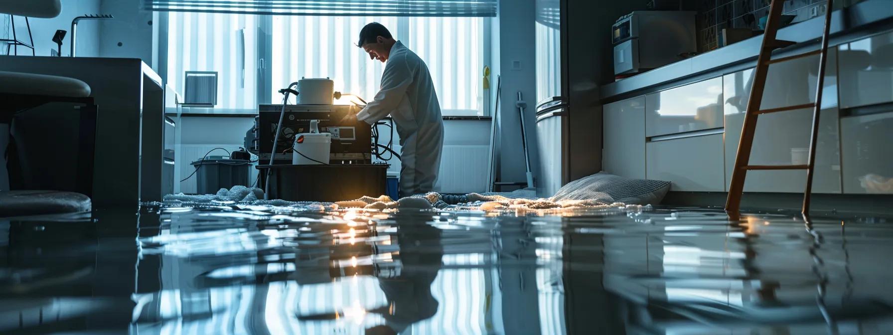 a professional water damage restoration technician operates industrial drying equipment in a flooded modern home, showcasing visible water damage on the floors and walls, illuminated by soft light from a window, creating a clean and reassuring atmosphere.