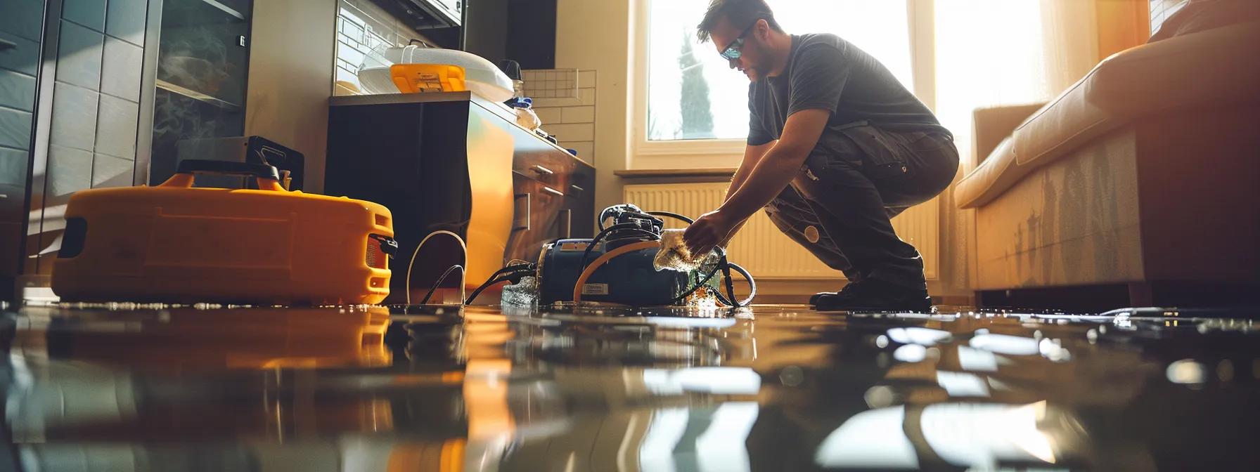 a professional water damage restoration technician works diligently with industrial drying equipment in a modern home, showcasing visible signs of water damage on the sleek interiors while soft, diffuse lighting filters through a window, creating a focused and reassuring atmosphere for a restoration company blog.
