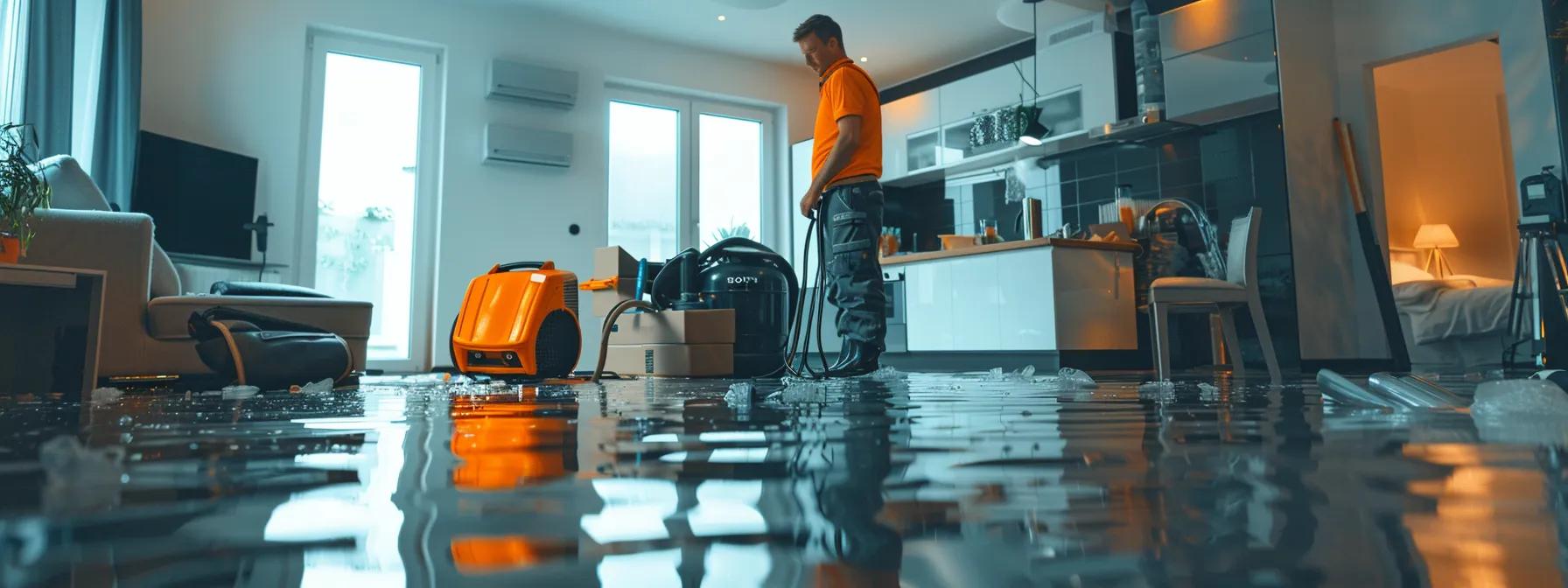 a professional water damage restoration technician operates powerful industrial drying equipment in a modern, flooded home, showcasing visibly damaged floors and walls, all under soft indoor lighting that conveys a sense of reassurance and recovery.