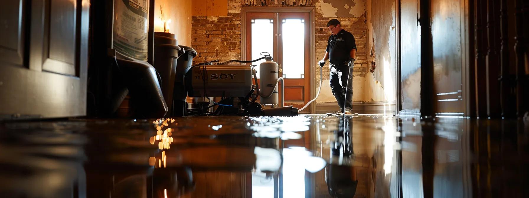 a professional water damage restoration technician operates industrial drying equipment within a modern, flooded historic home, showcasing visible water stains on walls and floors, illuminated by soft interior lighting that conveys a sense of reassurance and expertise.