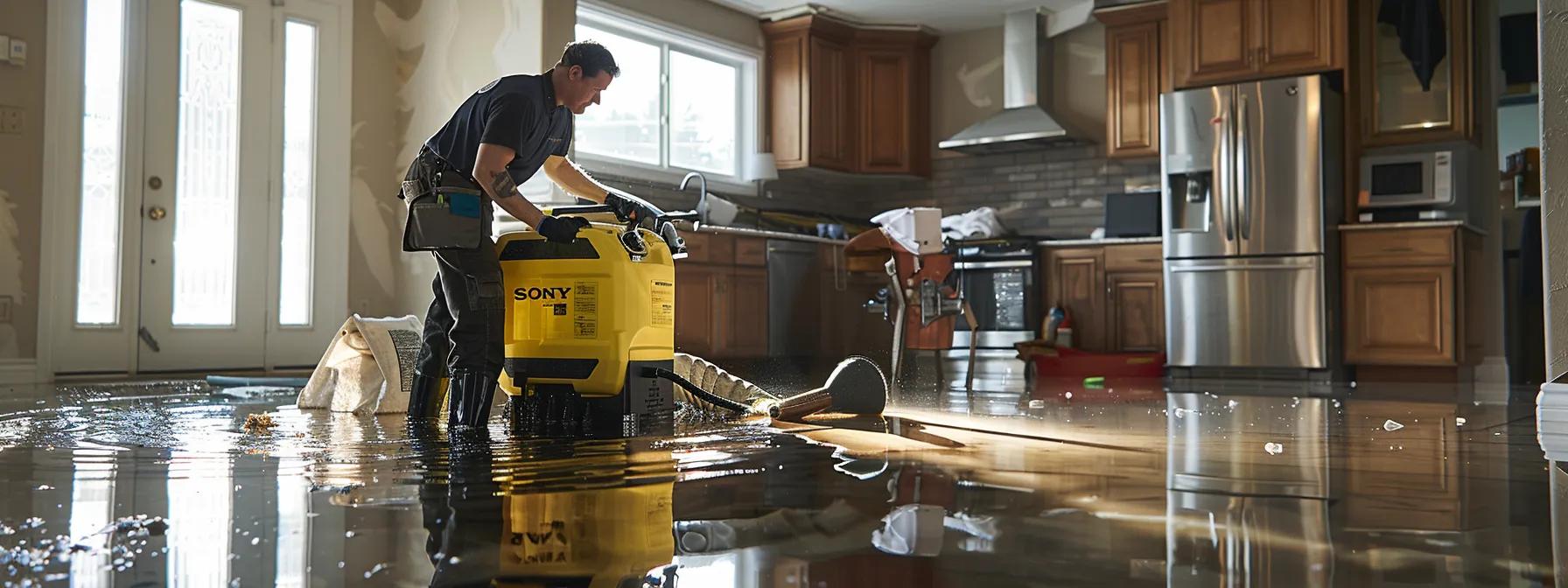 a professional water damage restoration technician operates advanced industrial drying equipment in a modern, flooded home, with visibly damaged walls and floors under soft indoor lighting, creating a reassuring and focused atmosphere for effective restoration.