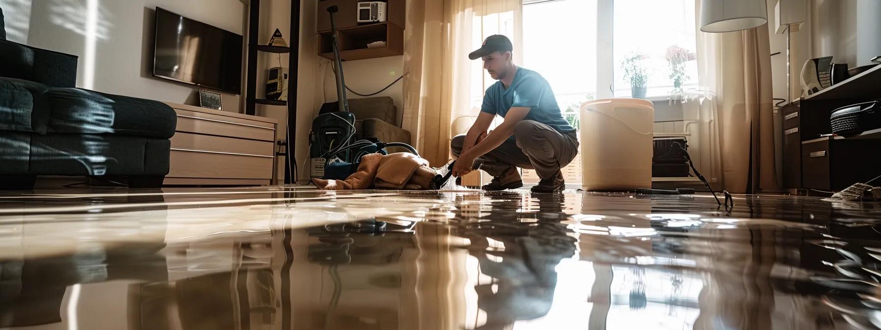 a professional water damage restoration technician meticulously inspects visibly damaged floors and walls while operating industrial drying equipment inside a modern, elegantly designed home, illuminated by soft natural light streaming through a window, evoking a sense of reassurance and expertise.