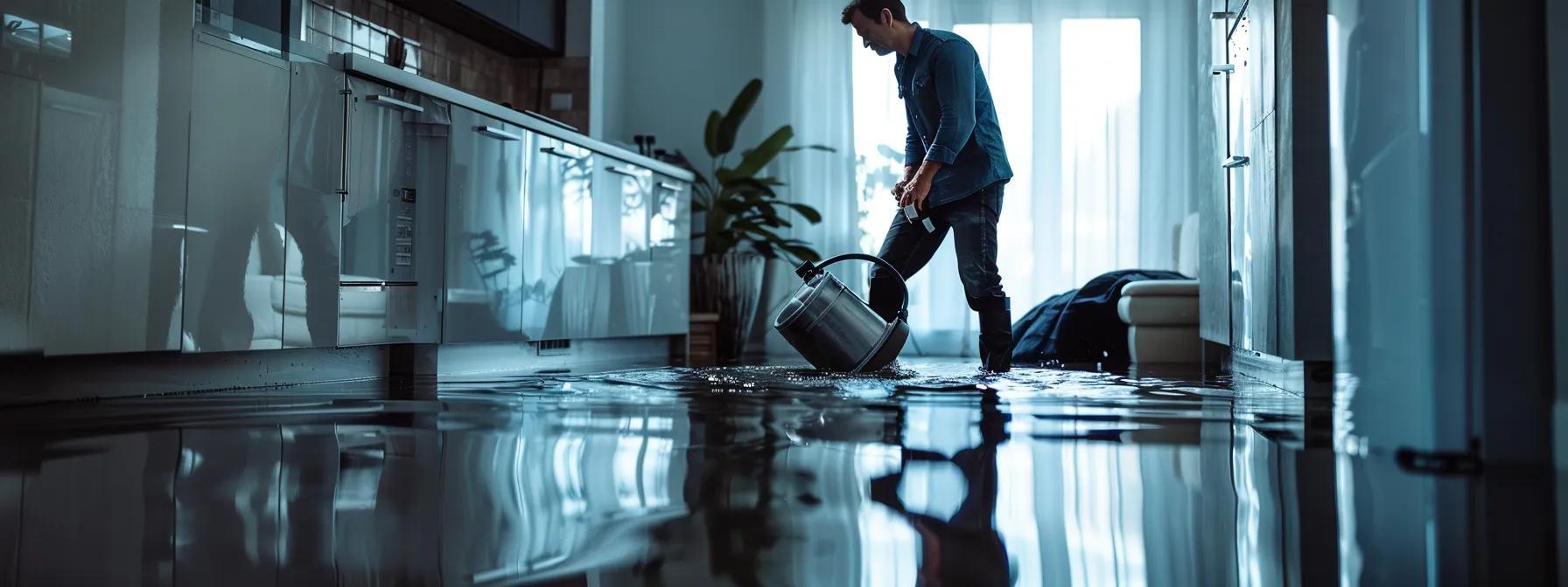 a professional water damage restoration technician methodically assesses a flooded modern home, surrounded by visible signs of water damage on the walls and floors, while utilizing industrial drying equipment in a softly lit interior, conveying a sense of care and expertise in prevention and restoration.