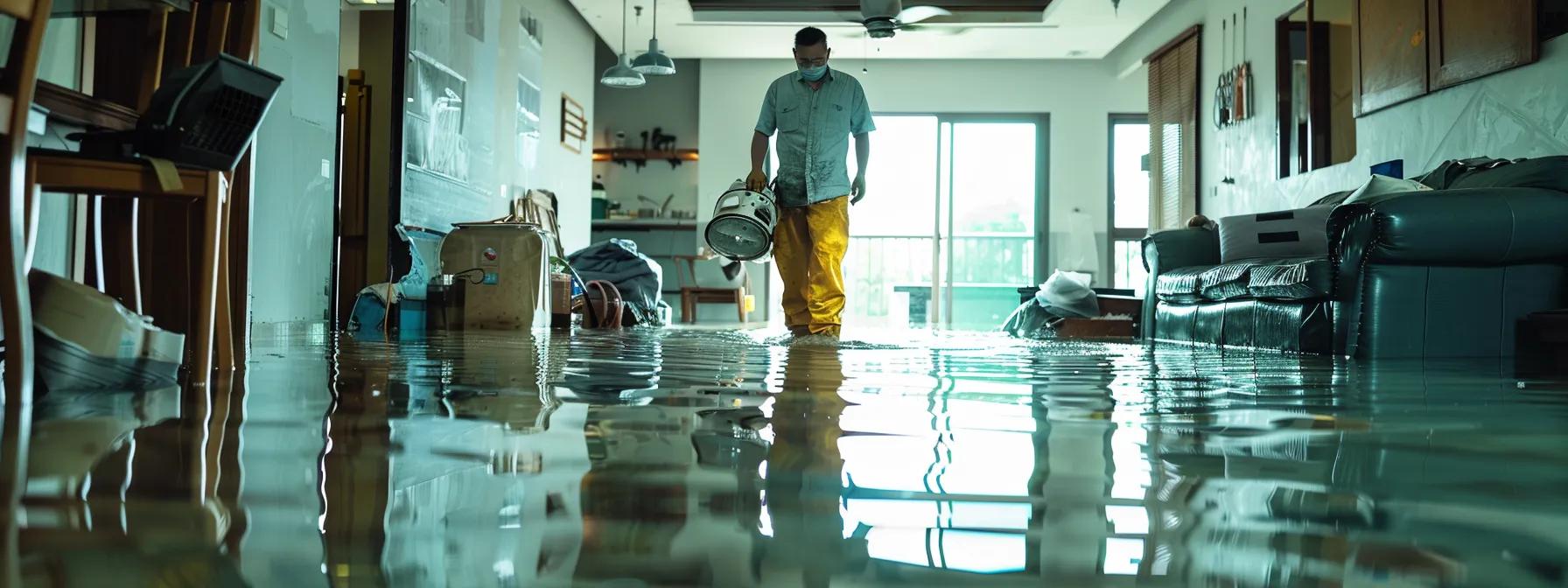 a professional water damage restoration technician operates industrial drying equipment in a modern, flooded home, surrounded by visible water damage on the floors and walls, all captured in a high-resolution, clean composition that conveys a reassuring atmosphere.